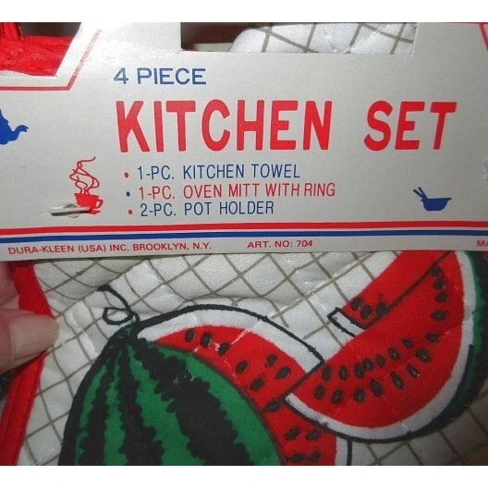 Vtg 80s Kitchen Linen Set 4 Piece Watermelon Towel Pot Holders Oven Mitt Whimsy